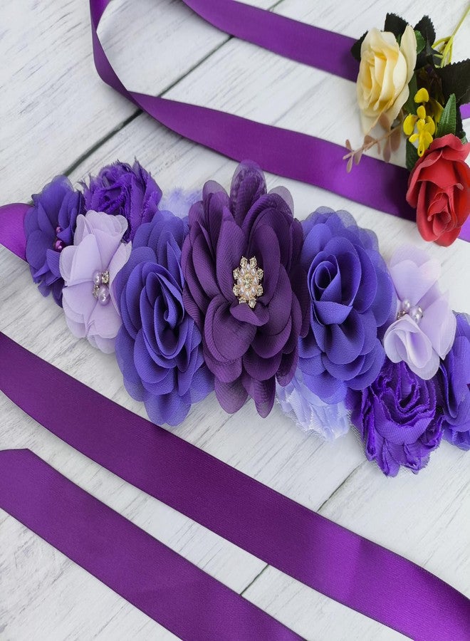 Oyabridal Maternity Flower Sash Belt Baby Shower for Mommy Pregnant Sash with Flowers W047 (Purple) - Image 3